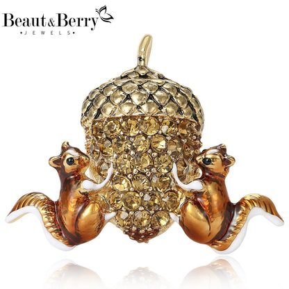 Beaut&Berry Classic Rhinestone Squirrel Chestnut Brooches for Women Unisex Fruit Pins Casual Party Jewelry Accessories Gifts