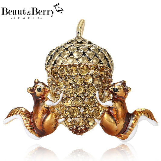 Beaut&Berry Classic Rhinestone Squirrel Chestnut Brooches for Women Unisex Fruit Pins Casual Party Jewelry Accessories Gifts