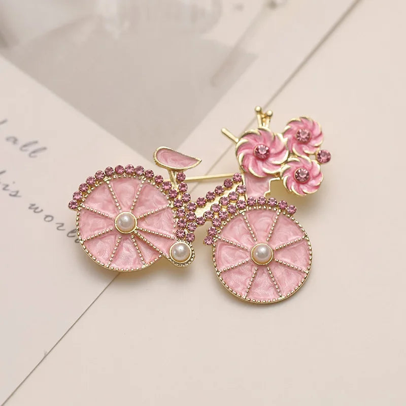 Cartoon Cute Pink Flower Bicycle Brooches For Women Girls Temperament Exquisite Fashion Pins Clothing Accessories Gifts