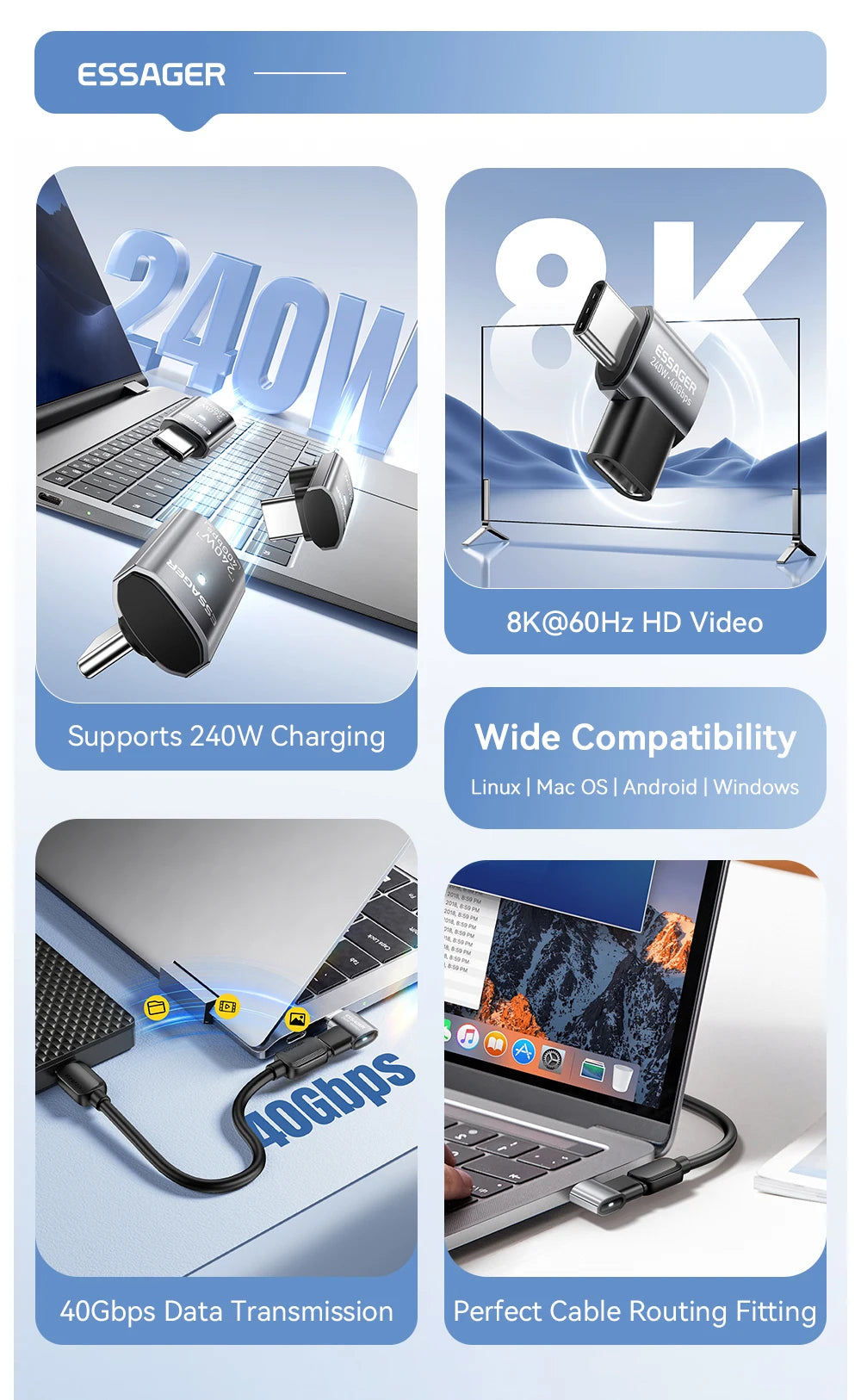 Essager USB4.0 40Gbps OTG Adapter 240W Fast Charging Converter 90 Degree USB Type C Data Adapter For Phone Macbook Laptop 8K60Hz