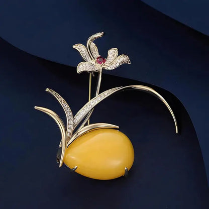 Luxury Orchid Brooch With Yellow Amber And Red Gemstone Elegant Gold Plated Flower Brooch For Women Vintage Jewelry
