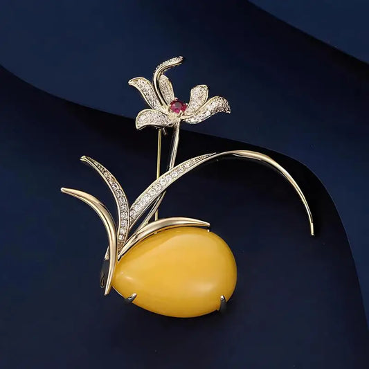 Luxury Orchid Brooch With Yellow Amber And Red Gemstone Elegant Gold Plated Flower Brooch For Women Vintage Jewelry
