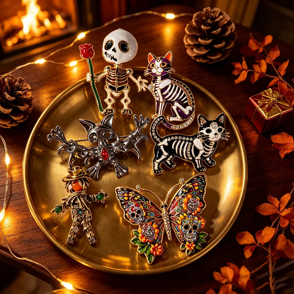Halloween Sugar Skull Enamel Brooch Gothic Skeleton Pin Pumpkin Ghost Cat Badge for Coat Bag Day of The Dead Jewelry Party Gift