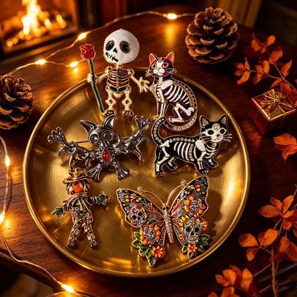 Halloween Sugar Skull Enamel Brooch Gothic Skeleton Pin Pumpkin Ghost Cat Badge for Coat Bag Day of The Dead Jewelry Party Gift