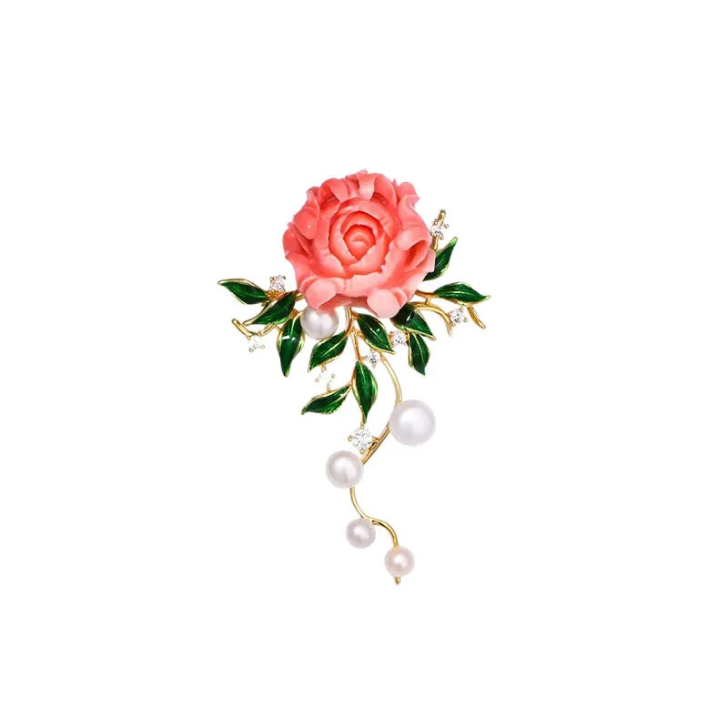 Elegant Pink Peony Brooch For Women Luxury Zircon Flower Leaf Imitation Pearl Corsage Sweet Lady Coat Sweater Clothing Jewelry