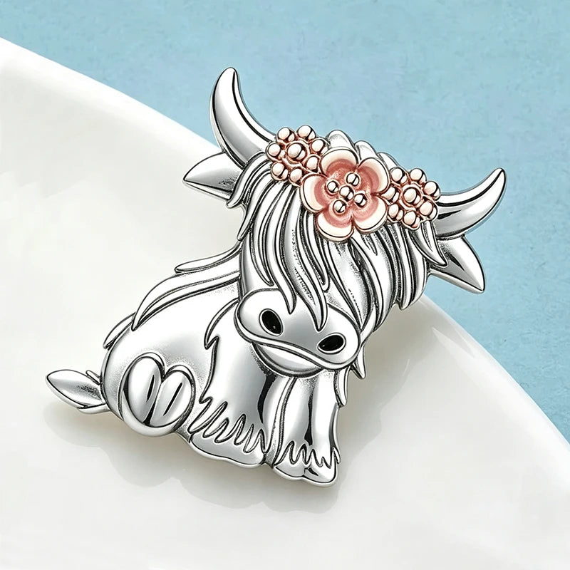 Wuli&baby Cute Highland Cow Brooches For Women Unisex Alloy Wear Flowers Gentle Cattle Animal Party Casual Brooch Pins Gifts