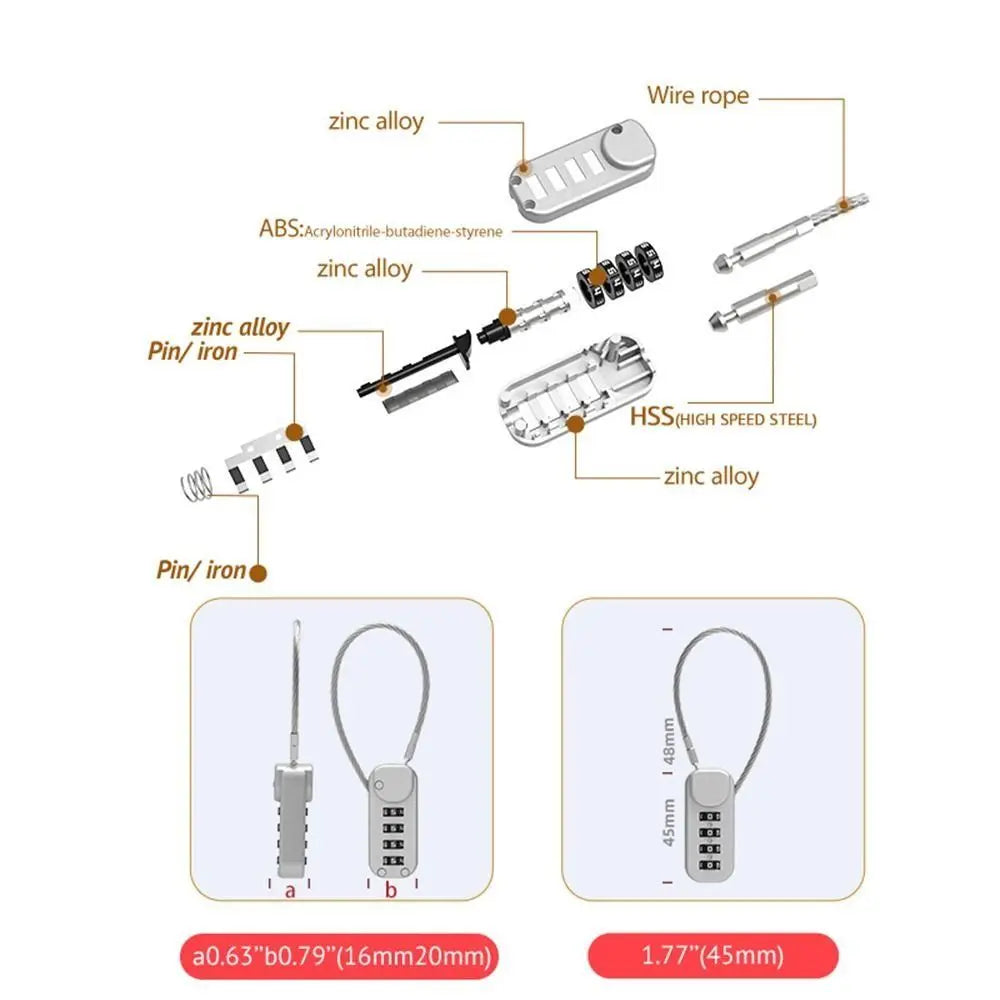 Zinc alloy 4 Digit Password Lock Wire Rope Anti-theft Backpack Zipper Lock Padlock Dormitory Cabinet Lock for Home&Travel