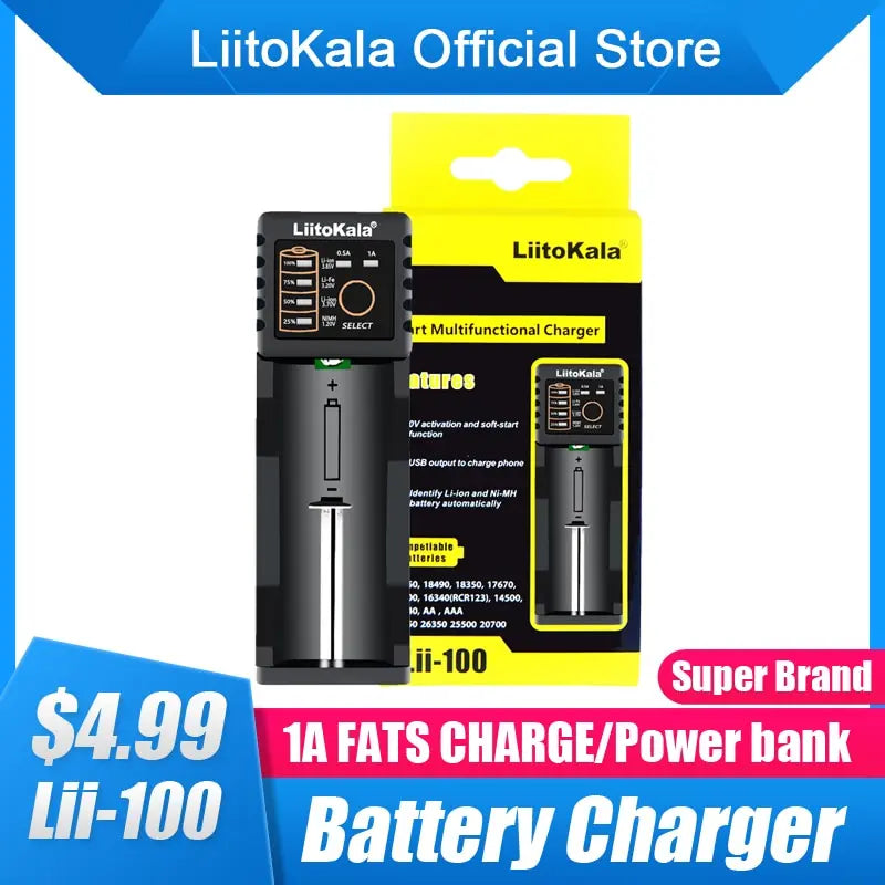 LiitoKala Lii-100B Lii-100 18650 Battery Charger For 26650 16340 RCR123 14500 LiFePO4 1.2V Ni-MH Ni-Cd Smart Charger
