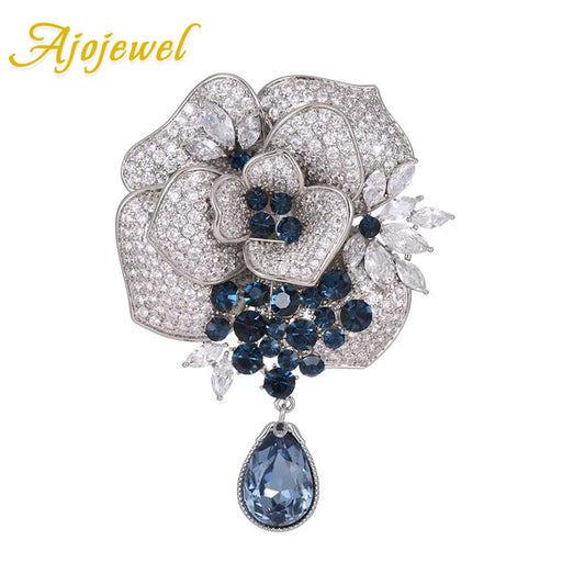 Ajojewel Bling White Rose Brooch With Blue Crystal Flower Cloth Pin Trendy Jewelry 2025 High Quality Fashion Gifts