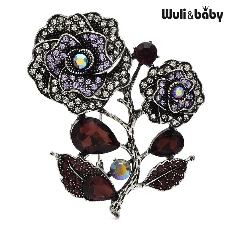 Wuli&baby Retro Elegant Rose-flower Brooch Pins High Quality 3-color Rhinestone Flower For Women Clothes Backpack Pin Badge