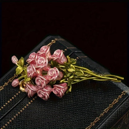 Exquisite Rose Brooch with Pink Petals Paired with Green Leaves Brooches for Women Beautiful Bouquet Plants Party Pins Gifts