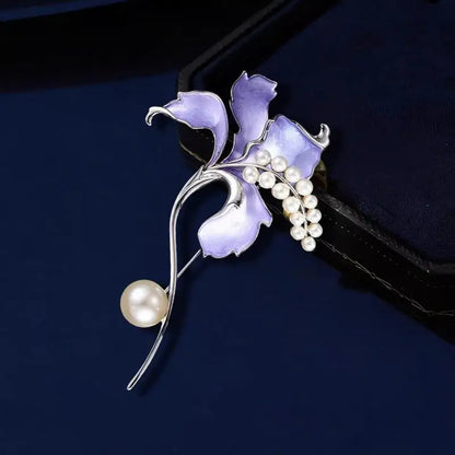 Purple Iris Flower Brooch For Women Shiny Pearl Enamel Pin Elegant Wedding Banquet Jewelry Gift
