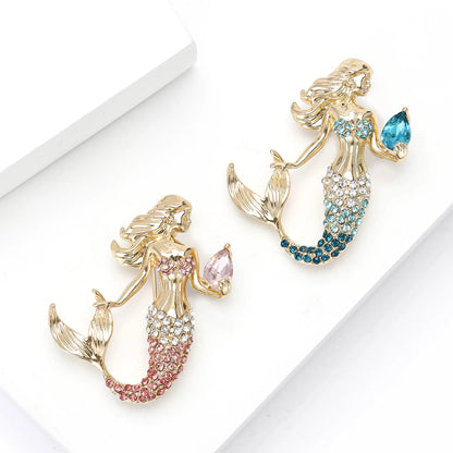 Trendy Rhinestones Mermaids Brooches for Women Unisex Metals Figures Pins Badges Office Party Backpack Gifts Jewelry Accessories