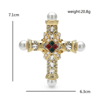 Wuli&baby Palace Style Cross Brooches For Women Men Pearl Rhinestone Baroque Cross Party Casual Brooch Pins Gifts