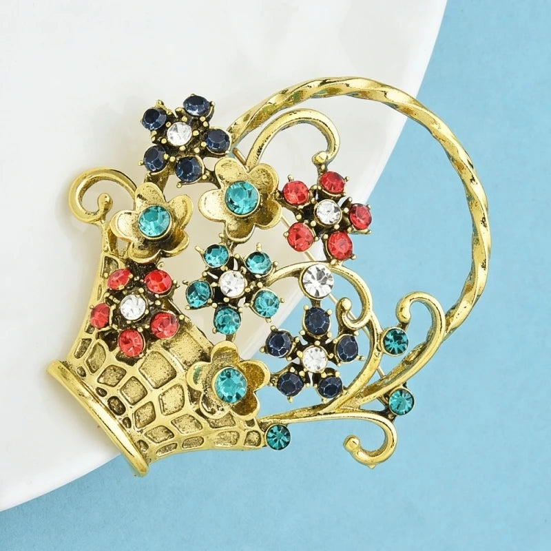 Wuli&baby Vintage Beautiful Flower Basket Brooches Alloy Rhinestone Plants Party Casual Brooch Pins Gifts
