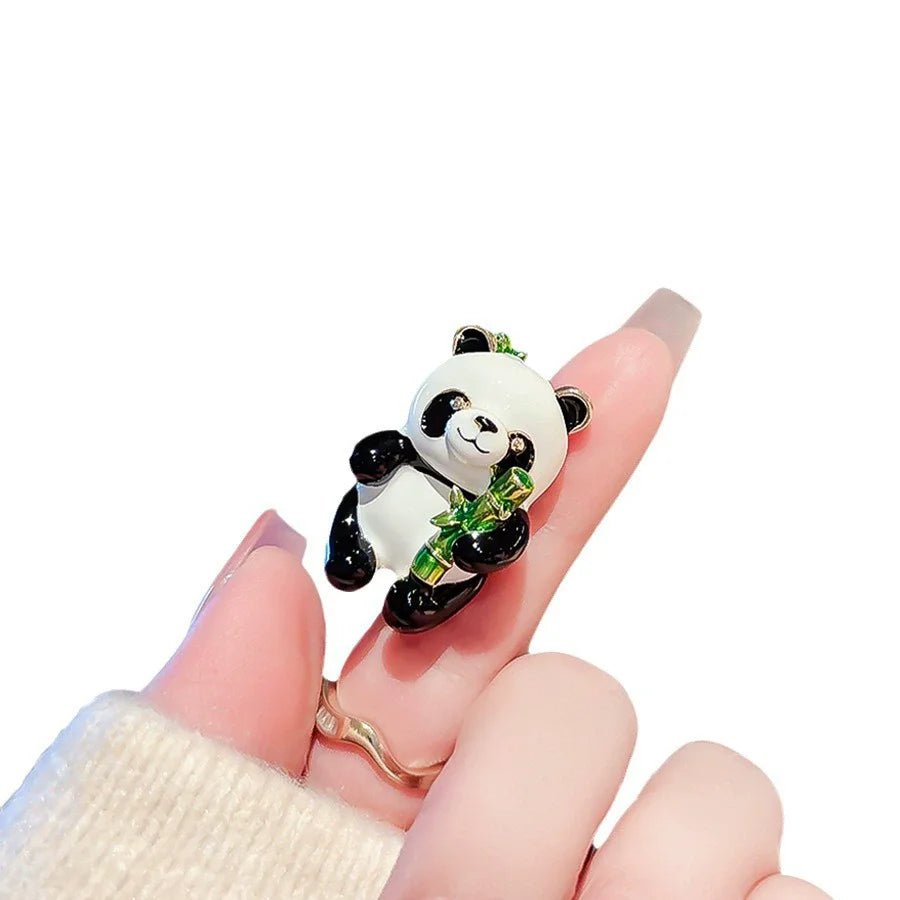 Cute Cartoon Enamel Panda Brooch Luxury Crystal Bamboo Animal Pins Women Men Badge Jewelry Hat Coat Accessories Party Gift