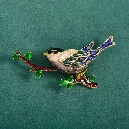 Chinese Style Magpie Enamel Brooch Magpie on Branch Auspicious Bird Pin Vintage Elegant Lapel Brooch for Women Suit Coat Scarf