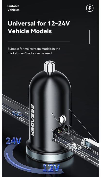 Essager 30W USB C Car Charger Type C Quick Charger PD QC 3.0 SCP 5A Fast Charging Car Phone Charge For iPhone Xiaomi Samsung
