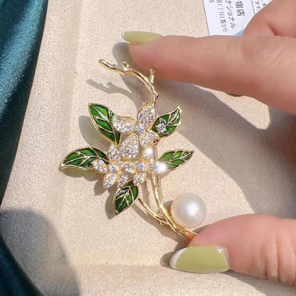 Green Leaf Gardenia Brooch Pearl Crystal Rhinestone Flower Lapel Pin For Women Wedding Party Dress Corsage Fashion Jewelry