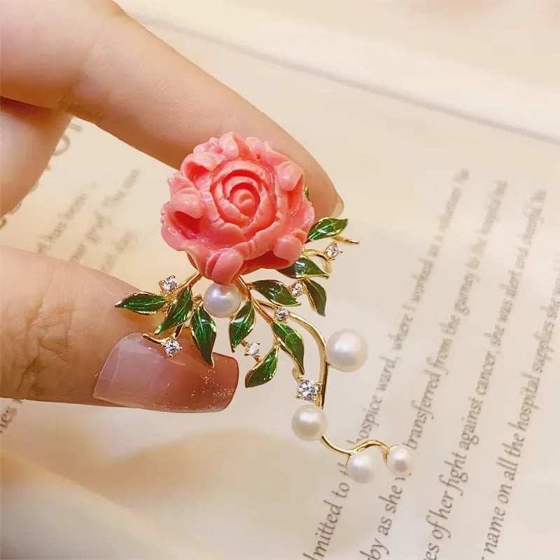 Elegant Pink Peony Brooch For Women Luxury Zircon Flower Leaf Imitation Pearl Corsage Sweet Lady Coat Sweater Clothing Jewelry