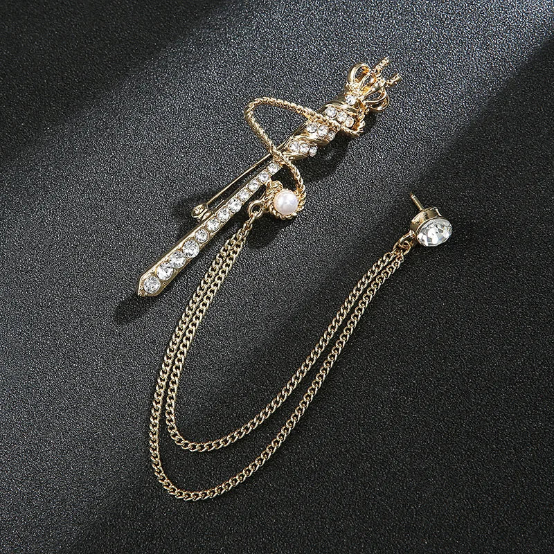 Crown Chain Brooch Vintage Tassel Crystal Brooch Temperament Rhinestone Lapel For Women Dress Mens Shirt Suit Set Collar Jewelry