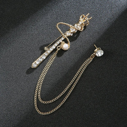 Crown Chain Brooch Vintage Tassel Crystal Brooch Temperament Rhinestone Lapel For Women Dress Mens Shirt Suit Set Collar Jewelry