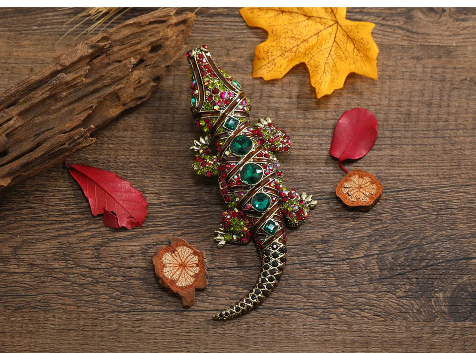 Classic Brown Crocodile Animal Men Pendant Brooch Pin Rhinestone Crystal Gifts