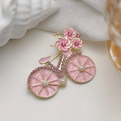 Cartoon Cute Pink Flower Bicycle Brooches For Women Girls Temperament Exquisite Fashion Pins Clothing Accessories Gifts