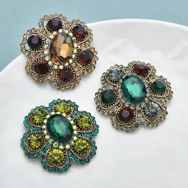 Wuli&baby Elegant Round Flower Brooch 3-color Crystal Lovely Flowers Plants Brooches For Women's Clothes Dress Pins Gifts