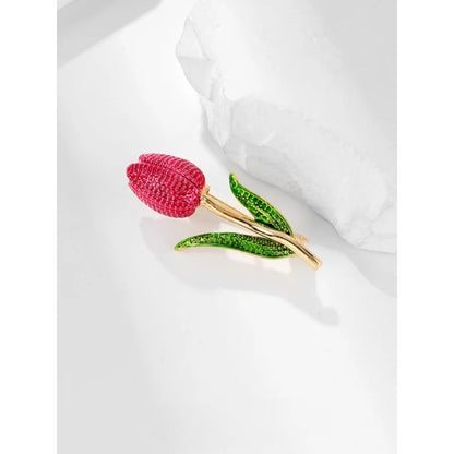 Enamel Tulip Flower Brooch 2 Colors Rhinestone Crystal Lapel Pin For Women Plant Jewelry Party Office Suit Coat Accessories