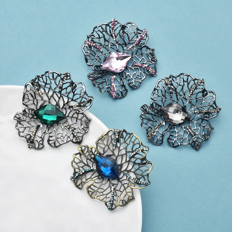 Wuli&baby High Quality Hollow Out Flower Brooches 4-color Crystal Plants Brooch Pins For Women's Clothes Bags Gifts