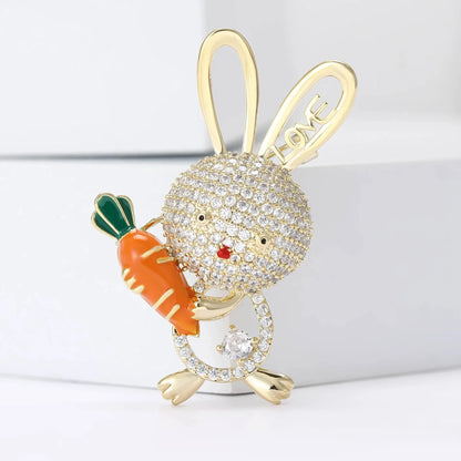 Cute Cartoon Rabbit Bunny Carrot Brooch Rhinestone Animal Lapel Pin Bag Backpack BFF Jewelry Accessories Gift
