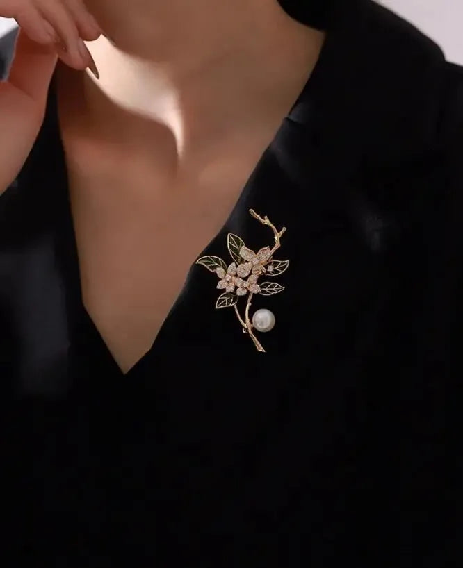Green Leaf Gardenia Brooch Pearl Crystal Rhinestone Flower Lapel Pin For Women Wedding Party Dress Corsage Fashion Jewelry