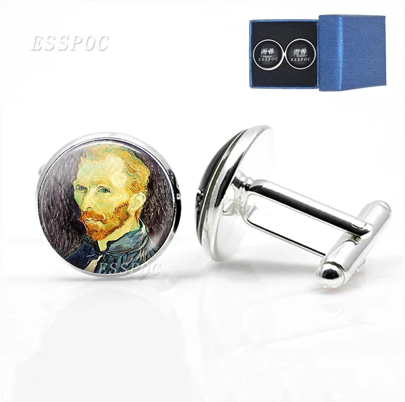 Van Gogh Oil Painting Glass Alloy Cufflinks Starry Night Sunflower Suit Cuff Links Men Shirt Accessories Husband birthday Gift