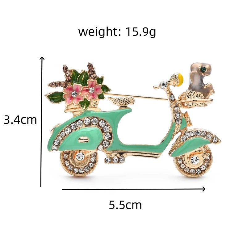 Wuli&baby Green Enamel Motor Bike Brooch Pin Flower Bouquet Puppy Sitting Front Cute Badge Jewelry Accessory