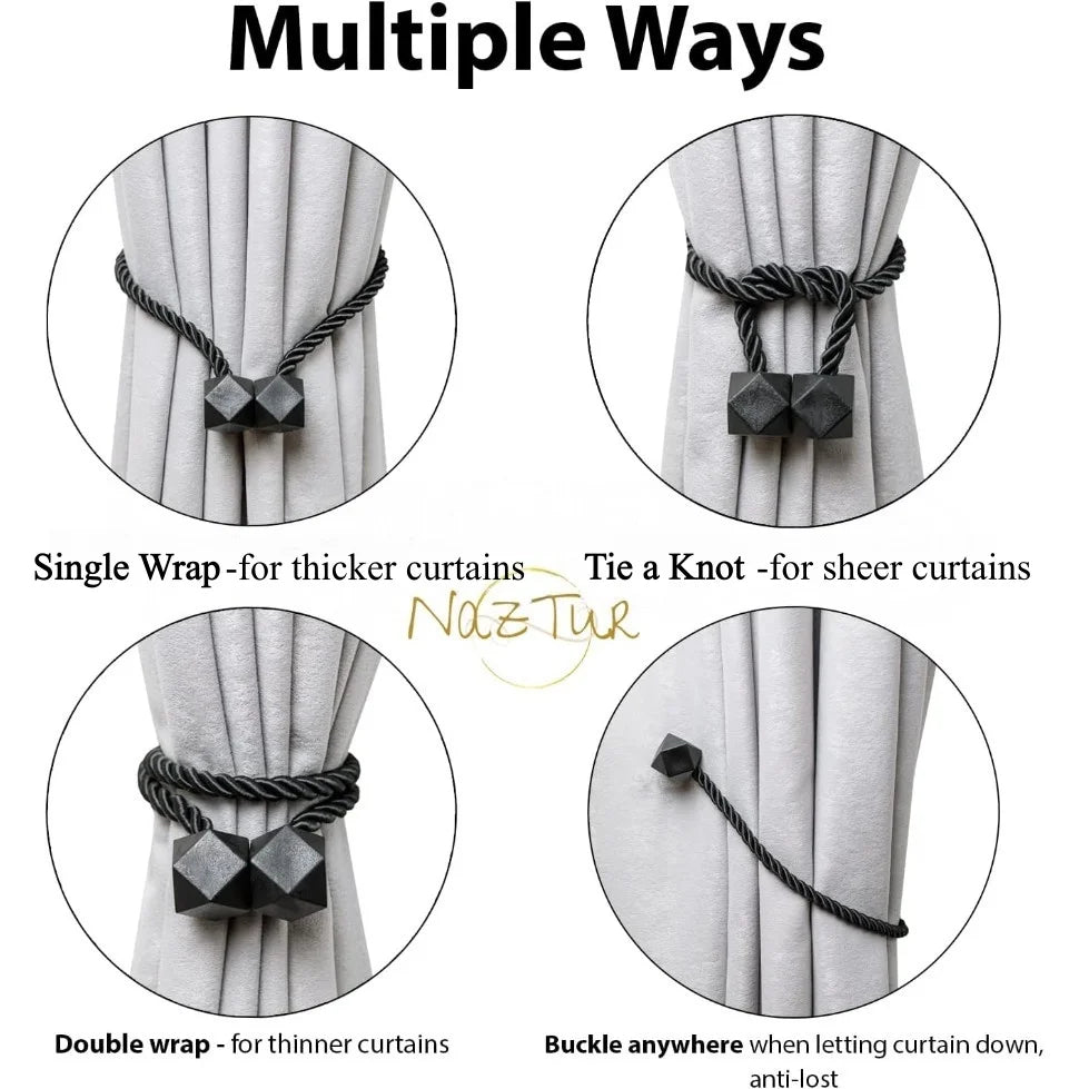 2/4pcs Curtain Tiebacks with Strong Magnet Thick Rope Design Bedroom Living Room Kitchen Durable for Office, Home Decoration