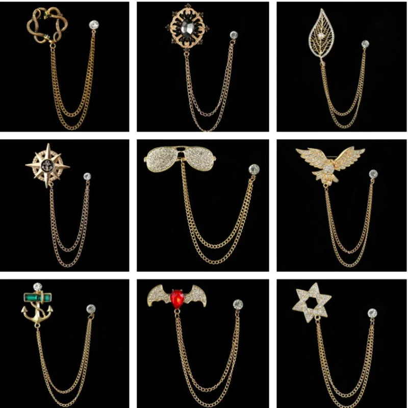 Retro Fashion Crystal Glasses Brooch Tassel Chain Snake Eagle Animal Lapel Pin Men Suit Shirt Collar Badge Jewelry Accessories