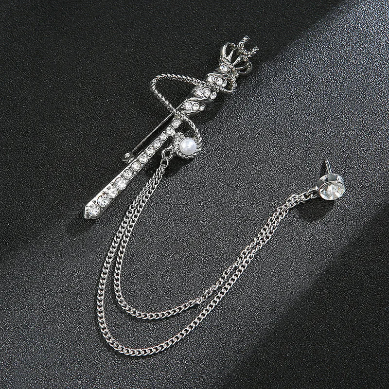 Crown Chain Brooch Vintage Tassel Crystal Brooch Temperament Rhinestone Lapel For Women Dress Mens Shirt Suit Set Collar Jewelry