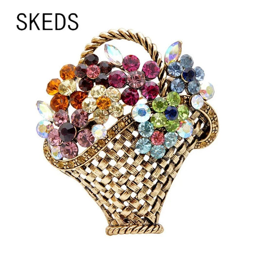 SKEDS Rhinestone Flower Basket Brooch Vintage Colorful Brooches For Women Elegant Crystal Fashion Jewelry Coat Accessories