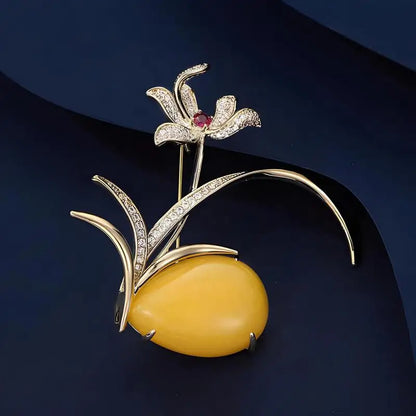 Luxury Orchid Brooch With Yellow Amber And Red Gemstone Elegant Gold Plated Flower Brooch For Women Vintage Jewelry