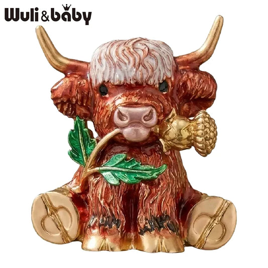 Wuli&baby Thistle Flower Cattle Brooches For Women Unisex Lovely Enamel Highland Cow Animal Party Casual Brooch Pin Gifts