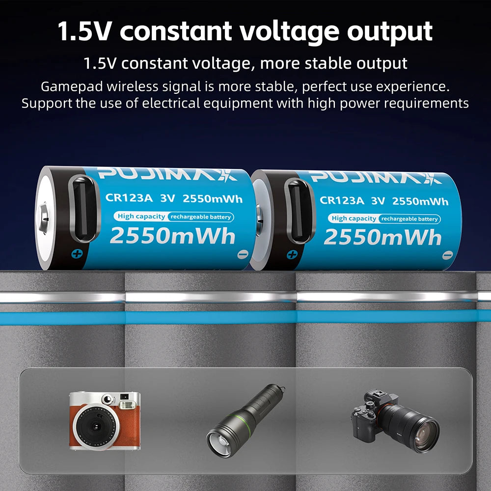 PUJIMAX Type-C Rechargeable CR123A 2550mWh 3V Lithium Battery Rechargeable Battery High Capacity  Portable Stable Output