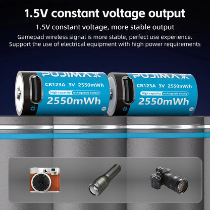 PUJIMAX Type-C Rechargeable CR123A 2550mWh 3V Lithium Battery Rechargeable Battery High Capacity  Portable Stable Output