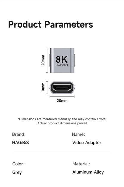 Hagibis HDMI Coupler 8K HDMI 2.1 Female to Female Connector Extension Cable Adapter for HDTV Monitor Laptops Projector Roku TV