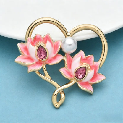 Wuli&baby Enamel Lotus Heart Brooches For Women Lady Pink Flowers Love Office Casual Brooch Pins Gifts