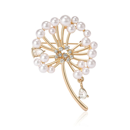 Beaut&Berry Classic Rhinestone Dandelion Brooches for Women Pearl Plant Pins Casual Party Accessories Gifts Friends Decoration