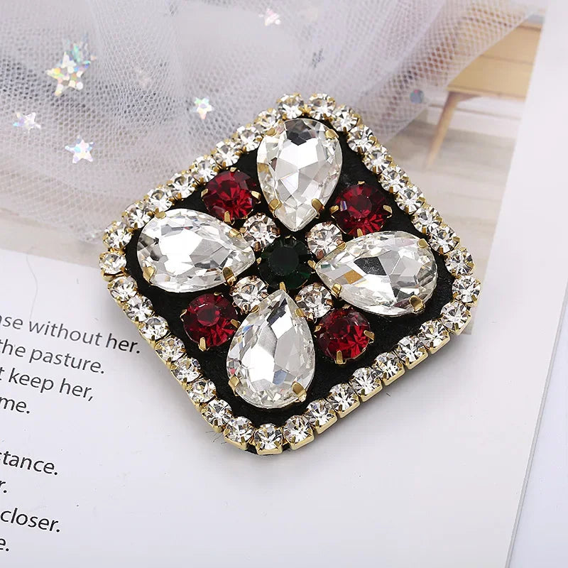 Elegant Geometric Crystal Stone Square Symmetrical Brooch Blue Green Large Rhinestone Cross Flower Pin with Clip for Women