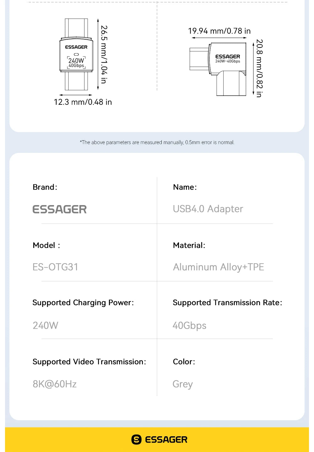 Essager USB4.0 40Gbps OTG Adapter 240W Fast Charging Converter 90 Degree USB Type C Data Adapter For Phone Macbook Laptop 8K60Hz
