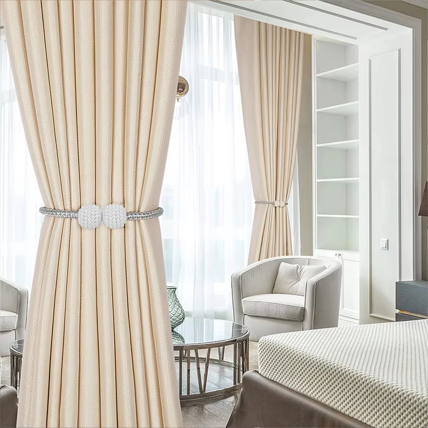 1/2PCS Curtain Buckle Curtain Strap Pearl Buckle Design Curtain Tie Rope Curtain Tiebacks with Strong Magnet Decor Accessories