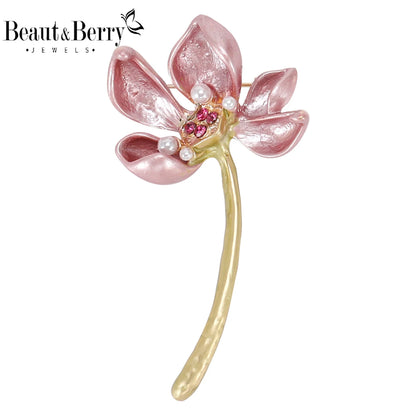Beaut&Berry Classic Enamel Pearl Lotus Brooches for Women Plant Pins Friends Party Gifts Banquet Jewellery Accessories